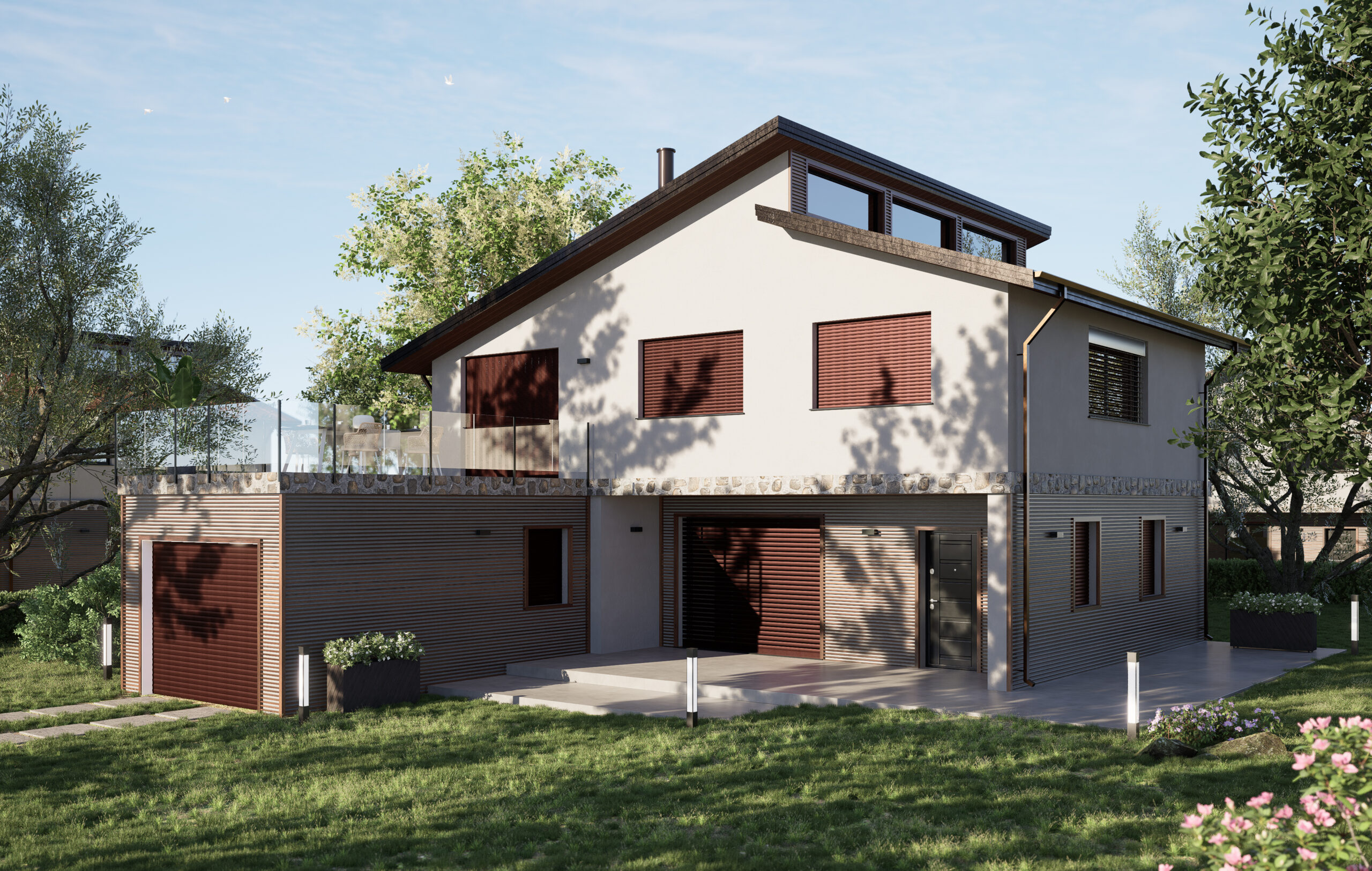 Ambientazione esterna di una villa contemporanea con tapparelle in finitura marrone